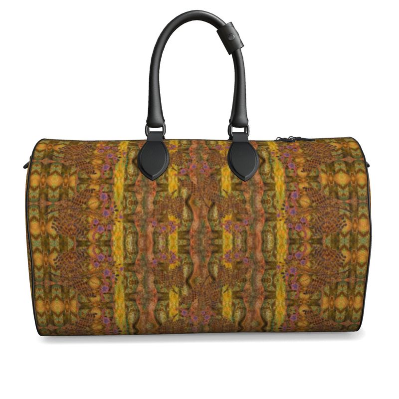 Hand Crafted, Print on Demand, England, River Jade Smithy, Travis Huffaker, RJSTH, Luggage & Bags > Duffel Bags, duffle, RJSTH@Fabric#6, WindSong Flower Collection, Nappa Leather, Gunmetal hardware, Small (W x L x H): 7.9" x 14.6" x 8.3,  Large (W x L x H): 9.1" x 20.1" x 11.2, black handle, bronze, gold, copper, purple flowers, front