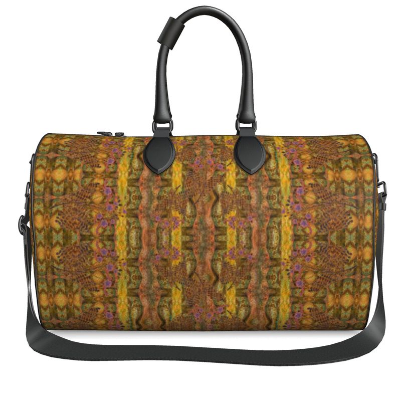 Hand Crafted, Print on Demand, England, River Jade Smithy, Travis Huffaker, RJSTH, Luggage & Bags > Duffel Bags, duffle, RJSTH@Fabric#6, WindSong Flower Collection, Nappa Leather, Gunmetal hardware, Small (W x L x H): 7.9" x 14.6" x 8.3,  Large (W x L x H): 9.1" x 20.1" x 11.2, black handle, bronze, gold, copper, purple flowers, other front