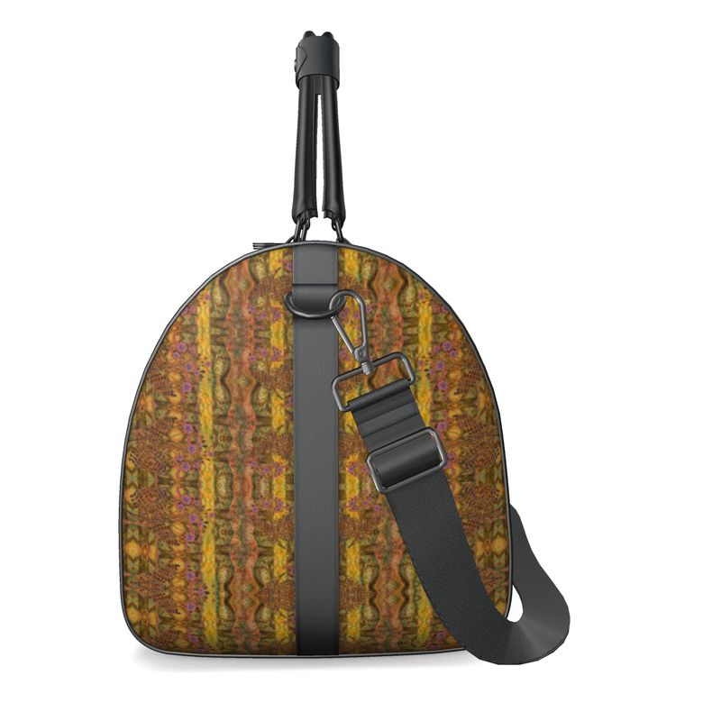 Hand Crafted, Print on Demand, England, River Jade Smithy, Travis Huffaker, RJSTH, Luggage & Bags > Duffel Bags, duffle, RJSTH@Fabric#6, WindSong Flower Collection, Nappa Leather, Gunmetal hardware, Small (W x L x H): 7.9" x 14.6" x 8.3,  Large (W x L x H): 9.1" x 20.1" x 11.2, black handle, bronze, gold, copper, purple flowers, side