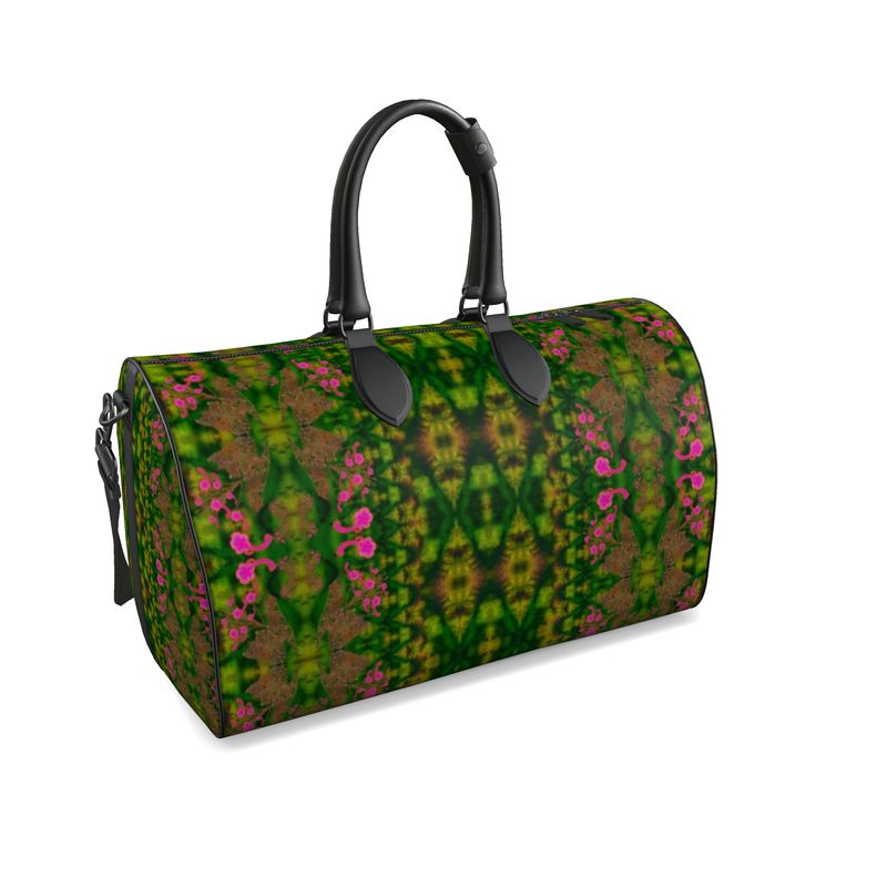 Hand Crafted, Print on Demand, England, River Jade Smithy, Travis Huffaker, RJSTH, Luggage & Bags > Duffel Bags, duffle, RJSTH@Fabric#7, WindSong Flower Collection, Nappa Leather,  Gunmetal hardware, Small (W x L x H): 7.9" x 14.6" x 8.3,  Large (W x L x H): 9.1" x 20.1" x 11.2, black handle, green, purple, jade, copper, pink flowers, front detail
