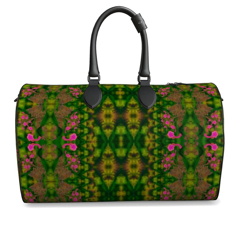 Hand Crafted, Print on Demand, England, River Jade Smithy, Travis Huffaker, RJSTH, Luggage & Bags > Duffel Bags, duffle, RJSTH@Fabric#7, WindSong Flower Collection, Nappa Leather,  Gunmetal hardware, Small (W x L x H): 7.9" x 14.6" x 8.3,  Large (W x L x H): 9.1" x 20.1" x 11.2, black handle, green, purple, jade, copper, pink flowers, front
