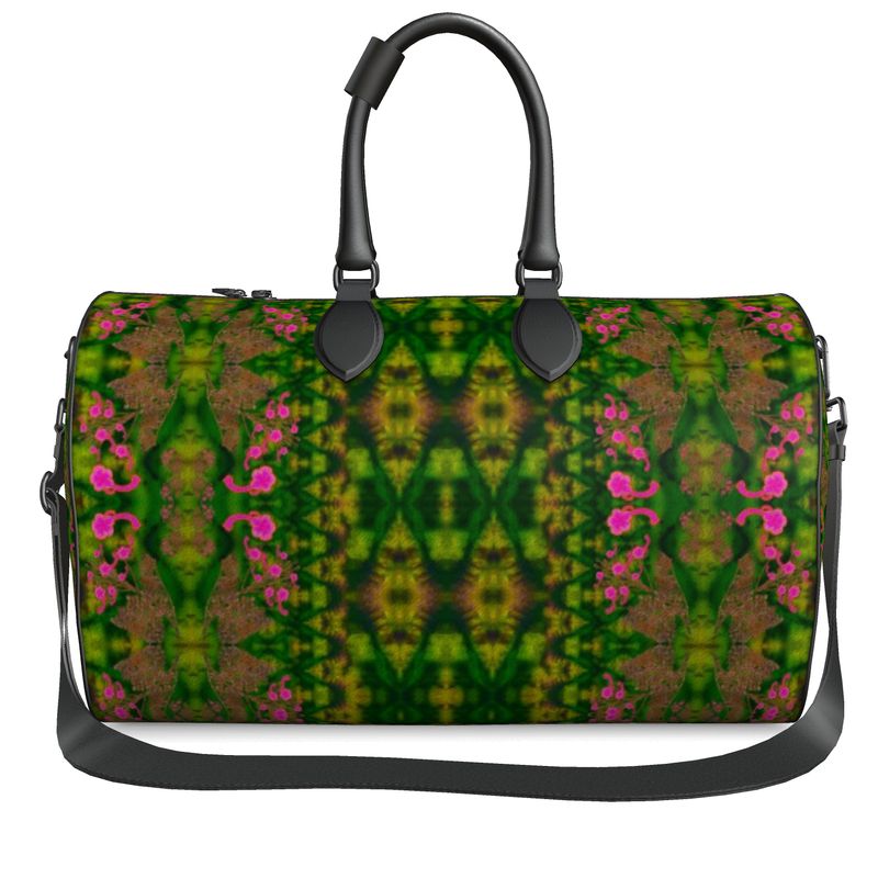 Hand Crafted, Print on Demand, England, River Jade Smithy, Travis Huffaker, RJSTH, Luggage & Bags > Duffel Bags, duffle, RJSTH@Fabric#7, WindSong Flower Collection, Nappa Leather,  Gunmetal hardware, Small (W x L x H): 7.9" x 14.6" x 8.3,  Large (W x L x H): 9.1" x 20.1" x 11.2, black handle, green, purple, jade, copper, pink flowers, front