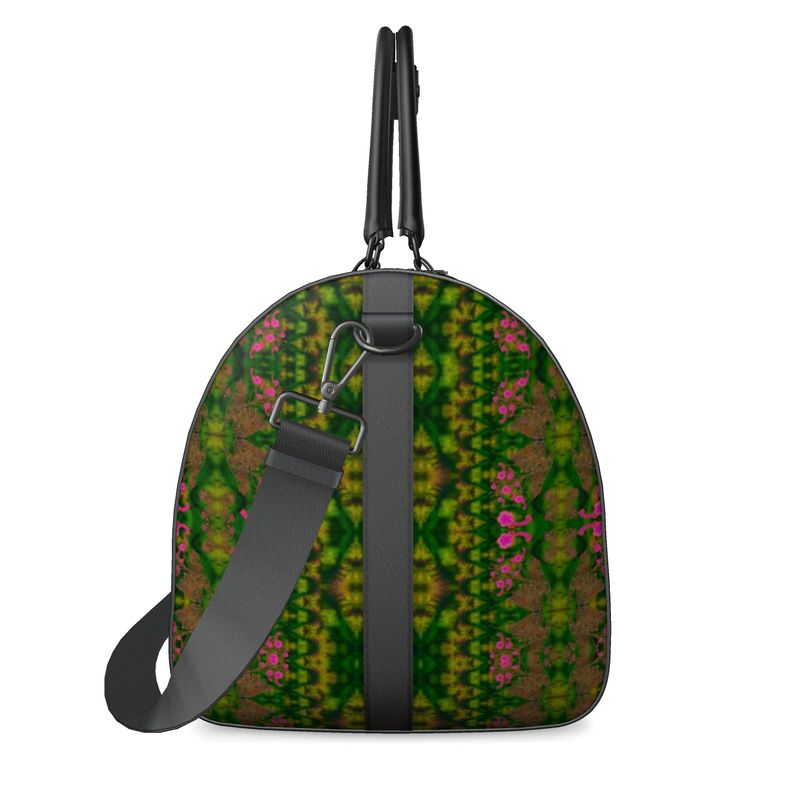 Hand Crafted, Print on Demand, England, River Jade Smithy, Travis Huffaker, RJSTH, Luggage & Bags > Duffel Bags, duffle, RJSTH@Fabric#7, WindSong Flower Collection, Nappa Leather,  Gunmetal hardware, Small (W x L x H): 7.9" x 14.6" x 8.3,  Large (W x L x H): 9.1" x 20.1" x 11.2, black handle, green, purple, jade, copper, pink flowers, other side