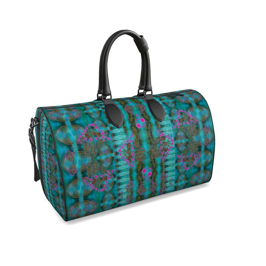 Hand Crafted, Print on Demand, England, River Jade Smithy, Travis Huffaker, RJSTH, Luggage & Bags > Duffel Bags, duffle, RJSTH@Fabric#8, WindSong Flower Collection, Nappa Leather, Gunmetal hardware, Small (W x L x H): 7.9" x 14.6" x 8.3,  Large (W x L x H): 9.1" x 20.1" x 11.2, black handle, blue, copper, pink, flowers, front detail