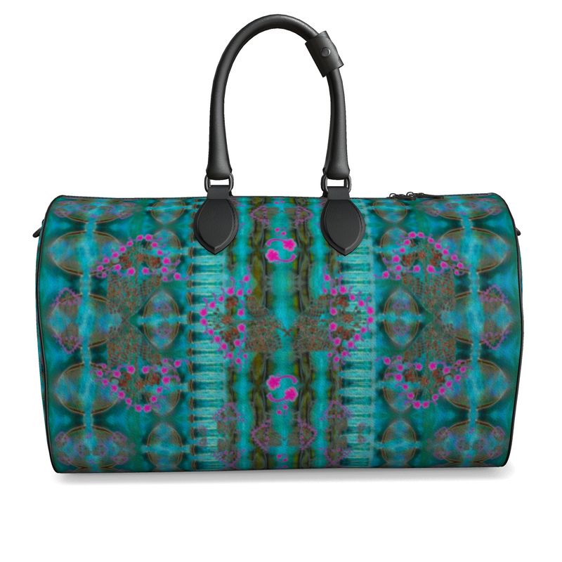 Hand Crafted, Print on Demand, England, River Jade Smithy, Travis Huffaker, RJSTH, Luggage & Bags > Duffel Bags, duffle, RJSTH@Fabric#8, WindSong Flower Collection, Nappa Leather, Gunmetal hardware, Small (W x L x H): 7.9" x 14.6" x 8.3,  Large (W x L x H): 9.1" x 20.1" x 11.2, black handle, blue, copper, pink, flowers, front