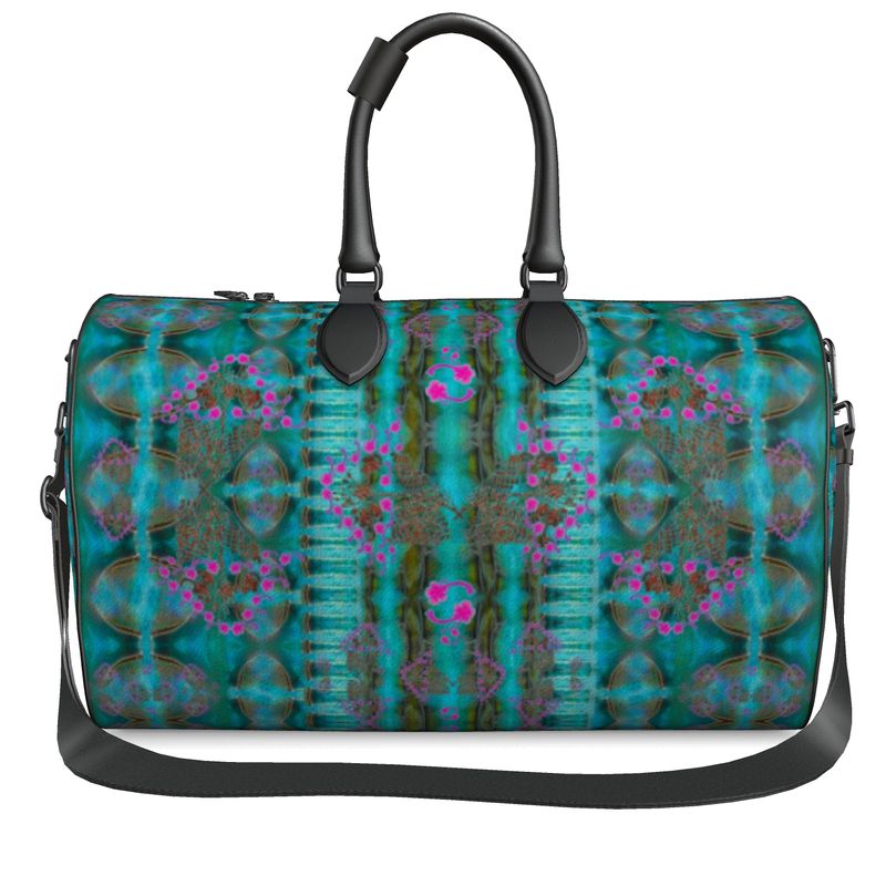 Hand Crafted, Print on Demand, England, River Jade Smithy, Travis Huffaker, RJSTH, Luggage & Bags > Duffel Bags, duffle, RJSTH@Fabric#8, WindSong Flower Collection, Nappa Leather, Gunmetal hardware, Small (W x L x H): 7.9" x 14.6" x 8.3,  Large (W x L x H): 9.1" x 20.1" x 11.2, black handle, blue, copper, pink, flowers, other front