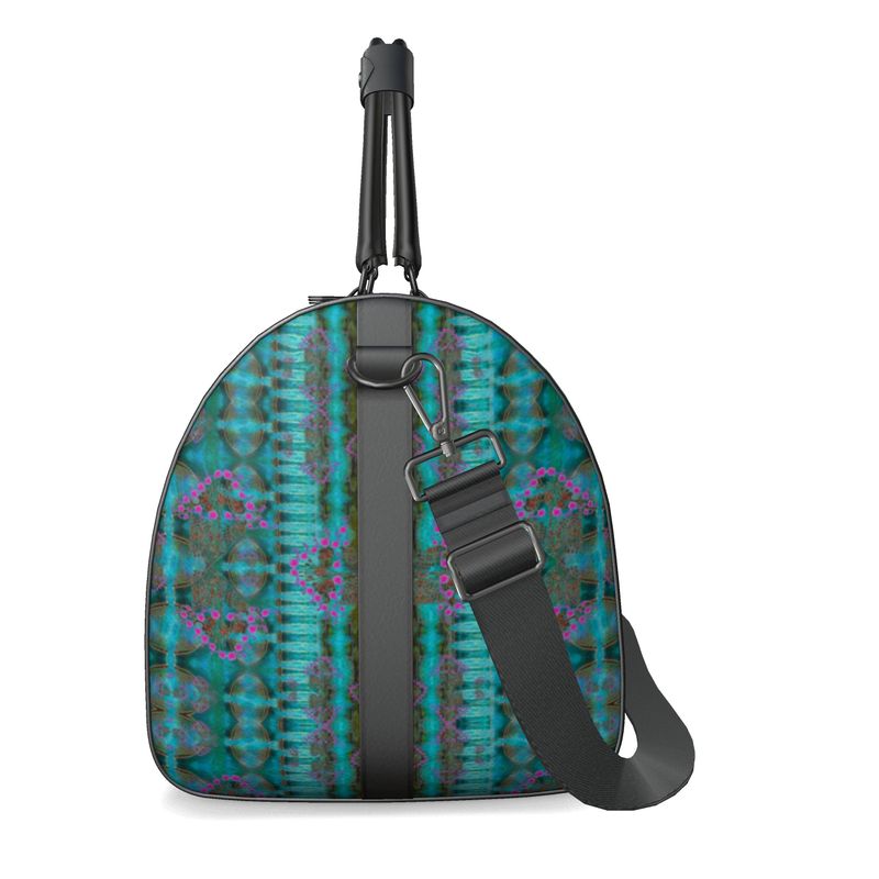Hand Crafted, Print on Demand, England, River Jade Smithy, Travis Huffaker, RJSTH, Luggage & Bags > Duffel Bags, duffle, RJSTH@Fabric#8, WindSong Flower Collection, Nappa Leather, Gunmetal hardware, Small (W x L x H): 7.9" x 14.6" x 8.3,  Large (W x L x H): 9.1" x 20.1" x 11.2, black handle, blue, copper, pink, flowers, side