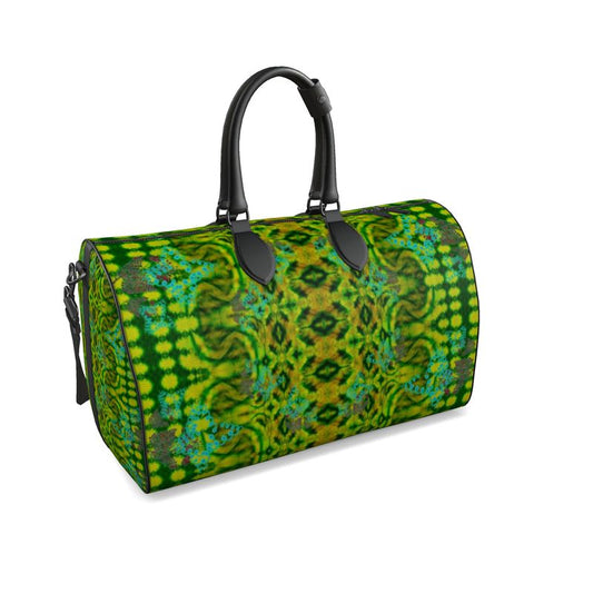 Hand Crafted, Print on Demand, England, River Jade Smithy, Travis Huffaker, RJSTH, Luggage & Bags > Duffel Bags, duffle, RJSTH@Fabric#10, WindSong Flower Collection, Nappa Leather,  Gunmetal hardware, Small (W x L x H): 7.9" x 14.6" x 8.3,  Large (W x L x H): 9.1" x 20.1" x 11.2, black handle, green, jade, copper, blue, front detail