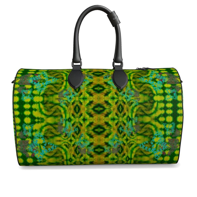 Hand Crafted, Print on Demand, England, River Jade Smithy, Travis Huffaker, RJSTH, Luggage & Bags > Duffel Bags, duffle, RJSTH@Fabric#10, WindSong Flower Collection, Nappa Leather,  Gunmetal hardware, Small (W x L x H): 7.9" x 14.6" x 8.3,  Large (W x L x H): 9.1" x 20.1" x 11.2, black handle, green, jade, copper, blue, front