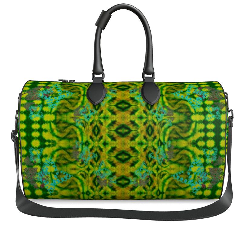 Hand Crafted, Print on Demand, England, River Jade Smithy, Travis Huffaker, RJSTH, Luggage & Bags > Duffel Bags, duffle, RJSTH@Fabric#10, WindSong Flower Collection, Nappa Leather,  Gunmetal hardware, Small (W x L x H): 7.9" x 14.6" x 8.3,  Large (W x L x H): 9.1" x 20.1" x 11.2, black handle, green, jade, copper, blue, other front