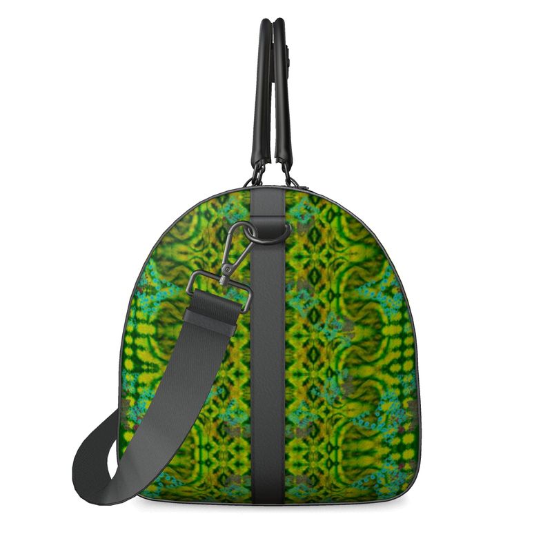Hand Crafted, Print on Demand, England, River Jade Smithy, Travis Huffaker, RJSTH, Luggage & Bags > Duffel Bags, duffle, RJSTH@Fabric#10, WindSong Flower Collection, Nappa Leather,  Gunmetal hardware, Small (W x L x H): 7.9" x 14.6" x 8.3,  Large (W x L x H): 9.1" x 20.1" x 11.2, black handle, green, jade, copper, blue, other side