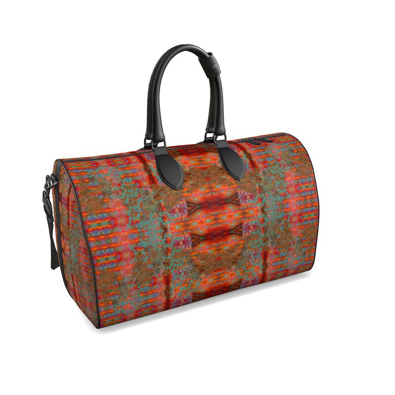 Hand Crafted, Print on Demand, England, River Jade Smithy, Travis Huffaker, RJSTH, Luggage & Bags > Duffel Bags, duffle, RJSTH@Fabric#12, WindSong Flower Collection, Nappa Leather,  Gunmetal hardware, Small (W x L x H): 7.9" x 14.6" x 8.3,  Large (W x L x H): 9.1" x 20.1" x 11.2, black handle, red, orange, copper, blue, front detail