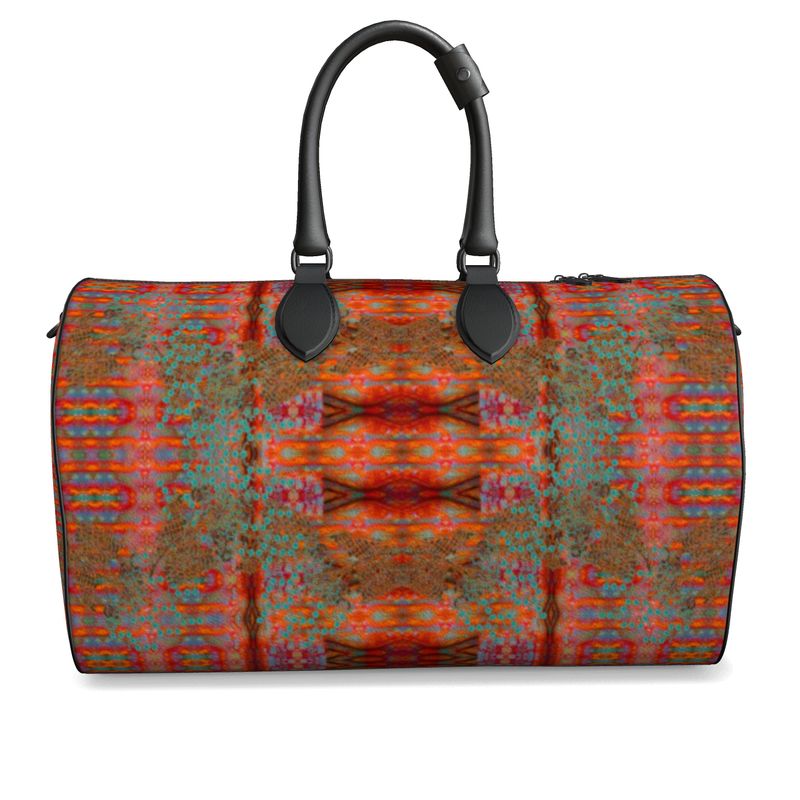 Hand Crafted, Print on Demand, England, River Jade Smithy, Travis Huffaker, RJSTH, Luggage & Bags > Duffel Bags, duffle, RJSTH@Fabric#12, WindSong Flower Collection, Nappa Leather,  Gunmetal hardware, Small (W x L x H): 7.9" x 14.6" x 8.3,  Large (W x L x H): 9.1" x 20.1" x 11.2, black handle, red, orange, copper, blue, front