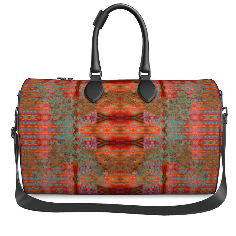 Hand Crafted, Print on Demand, England, River Jade Smithy, Travis Huffaker, RJSTH, Luggage & Bags > Duffel Bags, duffle, RJSTH@Fabric#12, WindSong Flower Collection, Nappa Leather,  Gunmetal hardware, Small (W x L x H): 7.9" x 14.6" x 8.3,  Large (W x L x H): 9.1" x 20.1" x 11.2, black handle, red, orange, copper, blue, other front