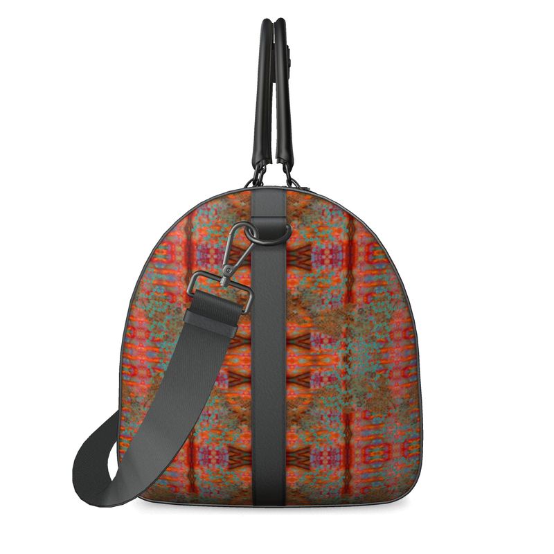 Hand Crafted, Print on Demand, England, River Jade Smithy, Travis Huffaker, RJSTH, Luggage & Bags > Duffel Bags, duffle, RJSTH@Fabric#12, WindSong Flower Collection, Nappa Leather,  Gunmetal hardware, Small (W x L x H): 7.9" x 14.6" x 8.3,  Large (W x L x H): 9.1" x 20.1" x 11.2, black handle, red, orange, copper, blue, other side