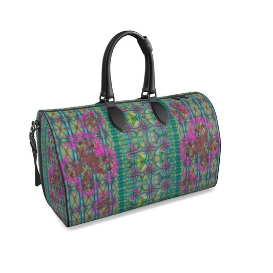Hand Crafted, Print on Demand, England, River Jade Smithy, Travis Huffaker, RJSTH, Luggage & Bags > Duffel Bags, duffle, RJSTH@Fabric#9, WindSong Flower Collection, Nappa Leather,  Gunmetal hardware, Small (W x L x H): 7.9" x 14.6" x 8.3,  Large (W x L x H): 9.1" x 20.1" x 11.2, black handle, blue, copper, pink flowers, front detail