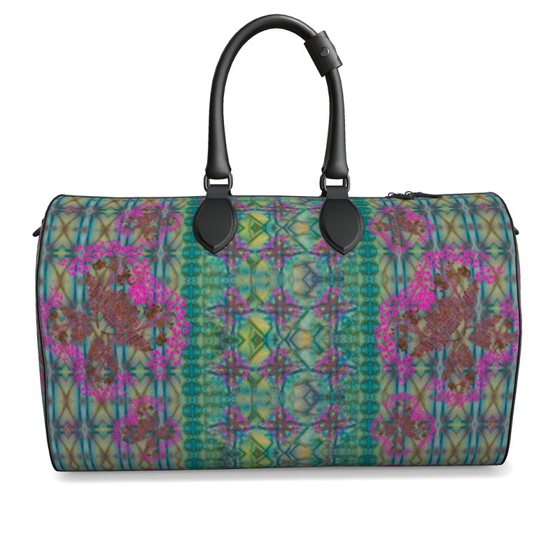 Hand Crafted, Print on Demand, England, River Jade Smithy, Travis Huffaker, RJSTH, Luggage & Bags > Duffel Bags, duffle, RJSTH@Fabric#9, WindSong Flower Collection, Nappa Leather,  Gunmetal hardware, Small (W x L x H): 7.9" x 14.6" x 8.3,  Large (W x L x H): 9.1" x 20.1" x 11.2, black handle, blue, copper, pink flowers, front