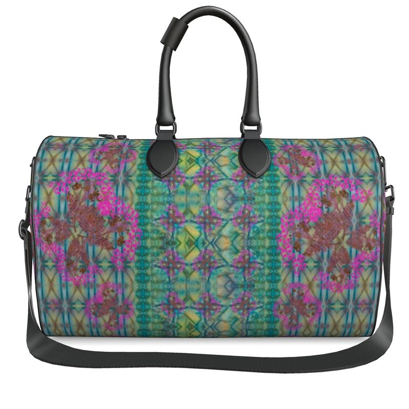Hand Crafted, Print on Demand, England, River Jade Smithy, Travis Huffaker, RJSTH, Luggage & Bags > Duffel Bags, duffle, RJSTH@Fabric#9, WindSong Flower Collection, Nappa Leather,  Gunmetal hardware, Small (W x L x H): 7.9" x 14.6" x 8.3,  Large (W x L x H): 9.1" x 20.1" x 11.2, black handle, blue, copper, pink flowers, other front