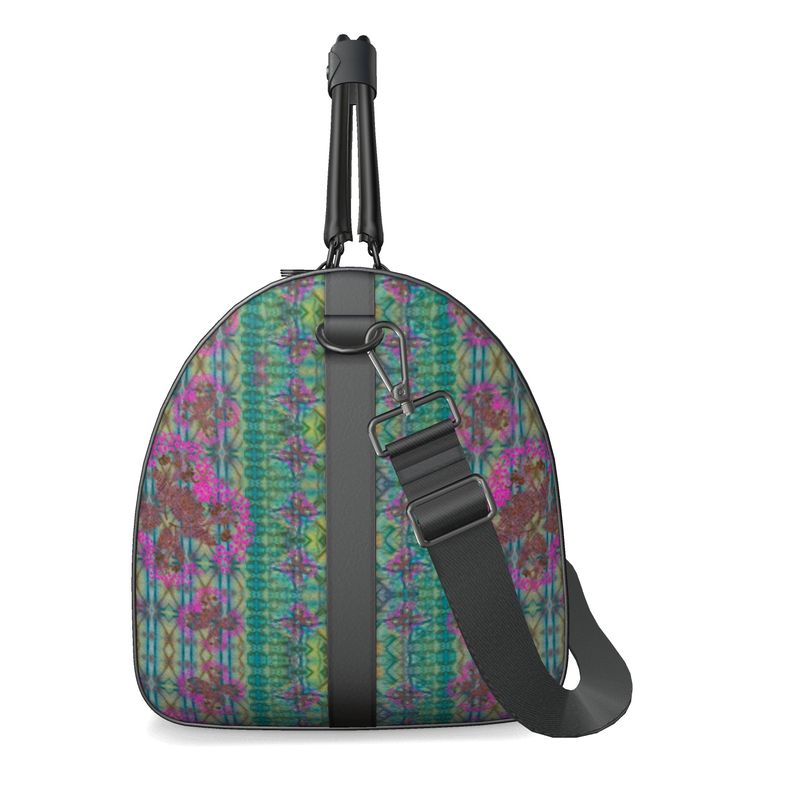 Hand Crafted, Print on Demand, England, River Jade Smithy, Travis Huffaker, RJSTH, Luggage & Bags > Duffel Bags, duffle, RJSTH@Fabric#9, WindSong Flower Collection, Nappa Leather,  Gunmetal hardware, Small (W x L x H): 7.9" x 14.6" x 8.3,  Large (W x L x H): 9.1" x 20.1" x 11.2, black handle, blue, copper, pink flowers, side