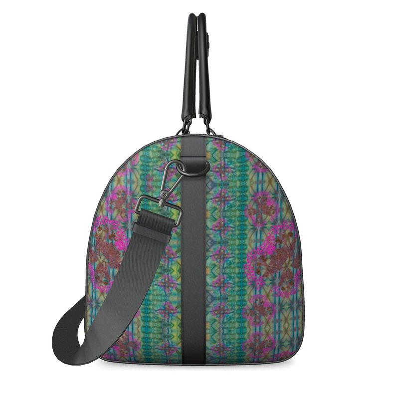 Hand Crafted, Print on Demand, England, River Jade Smithy, Travis Huffaker, RJSTH, Luggage & Bags > Duffel Bags, duffle, RJSTH@Fabric#9, WindSong Flower Collection, Nappa Leather,  Gunmetal hardware, Small (W x L x H): 7.9" x 14.6" x 8.3,  Large (W x L x H): 9.1" x 20.1" x 11.2, black handle, blue, copper, pink flowers, other side