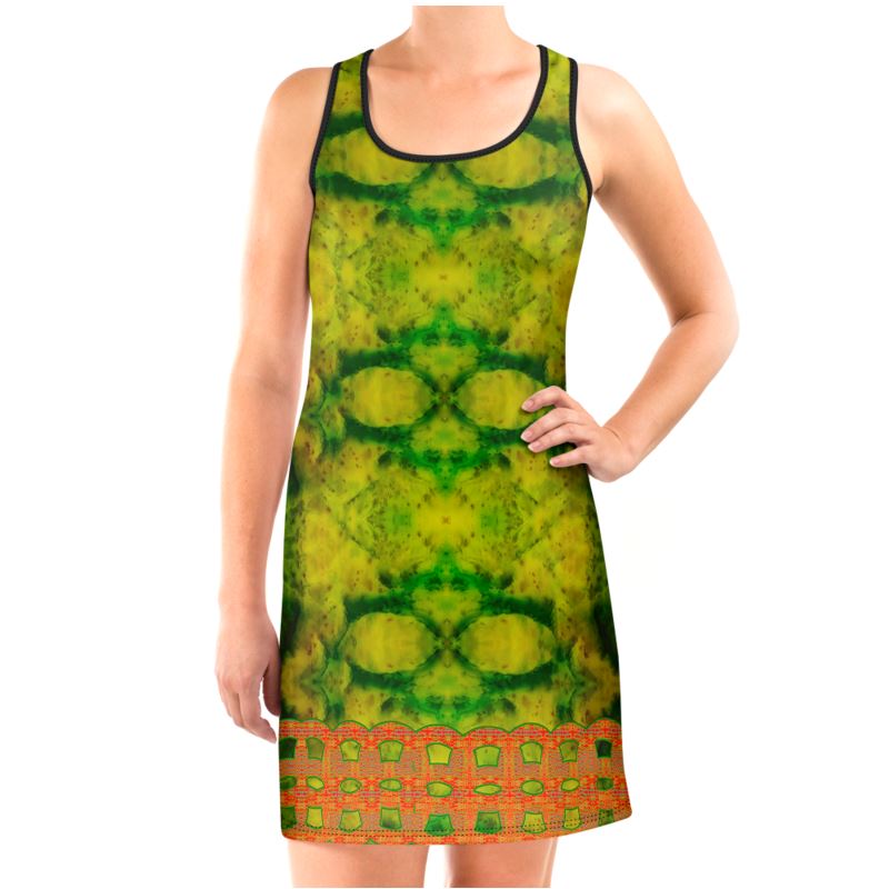 River Jade Smithy, by River Jade Smith Travis Huffaker, RJSTHFabric #3 ,  stunning, handmade, print on demand, scuba dress (vest dress),  geometries of bright green jade, swirls of darker green stone,  compose this custom print on demand fabric.   Created from the colors of actual Jade.   Built by RJSTH from original images. Active wear, day or night, a hint of magic.   Images of orange double link chain adorn the bottom of the dress.  Chain Collection on RJSTH@Fabric#3, front