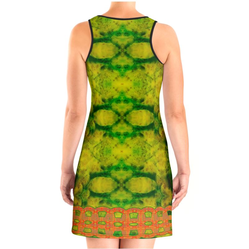 River Jade Smithy, by River Jade Smith Travis Huffaker, RJSTHFabric #3 ,  stunning, handmade, print on demand, scuba dress (vest dress),  geometries of bright green jade, swirls of darker green stone,  compose this custom print on demand fabric.   Created from the colors of actual Jade.   Built by RJSTH from original images. Active wear, day or night, a hint of magic.   Images of orange double link chain adorn the bottom of the dress.  Chain Collection on RJSTH@Fabric#3, back