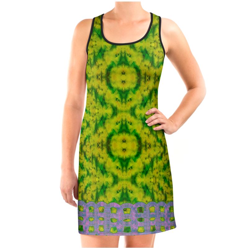 River Jade Smithy, by River Jade Smith Travis Huffaker, RJSTH@Fabric #5 , stunning, handmade, print on demand, scuba dress (vest dress),  geometries of bright green jade, swirls of lighter & darker green,  compose this custom print on demand fabric.  Created from the colors of actual Jade.  Built by RJSTH from original images. Active wear, day or evening, a hint of magic. Images of Purple double chains line the bottom of the dress.  Chain Collection on RJSTH@Fabric#5. front