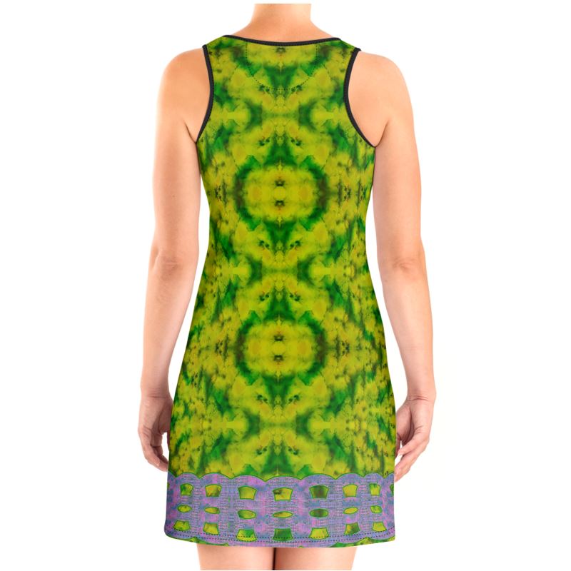 River Jade Smithy, by River Jade Smith Travis Huffaker, RJSTH@Fabric #5 , stunning, handmade, print on demand, scuba dress (vest dress),  geometries of bright green jade, swirls of lighter & darker green,  compose this custom print on demand fabric.  Created from the colors of actual Jade.  Built by RJSTH from original images. Active wear, day or evening, a hint of magic. Images of Purple double chains line the bottom of the dress.  Chain Collection on RJSTH@Fabric#5, back
