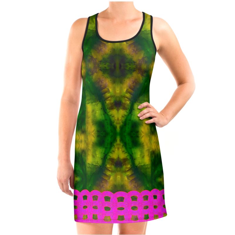River Jade Smithy by River Jade Smith Travis Huffaker, RJSTH@Fabric #7, stunning, handmade, print on demand, Scuba Dress (vest dress),  Colors of Crystal geometries in deep green jade, swirls of lighter green & darker purple,  compose this custom print on demand fabric.  Created from the colors of actual Jade.  Built by RJSTH from original images.  Active wear, day and night, a hint of magic. Images of Pink double chains line the bottom of the dress.   Chain Collection on RJSTH@Fabric#7, front