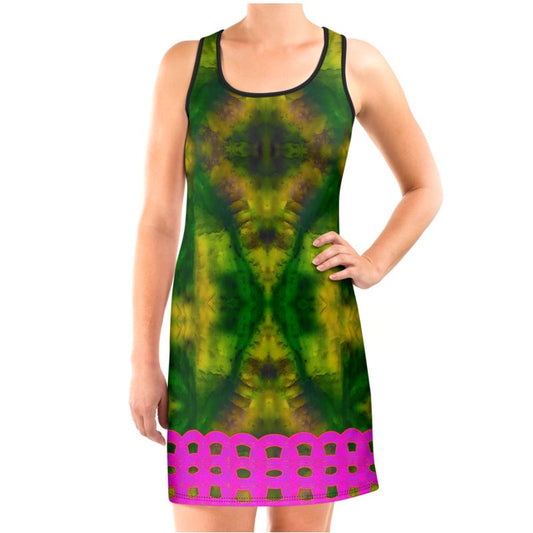 River Jade Smithy by River Jade Smith Travis Huffaker, RJSTH@Fabric #7, stunning, handmade, print on demand, Scuba Dress (vest dress),  Colors of Crystal geometries in deep green jade, swirls of lighter green & darker purple,  compose this custom print on demand fabric.  Created from the colors of actual Jade.  Built by RJSTH from original images.  Active wear, day and night, a hint of magic. Images of Pink double chains line the bottom of the dress.   Chain Collection on RJSTH@Fabric#7, front