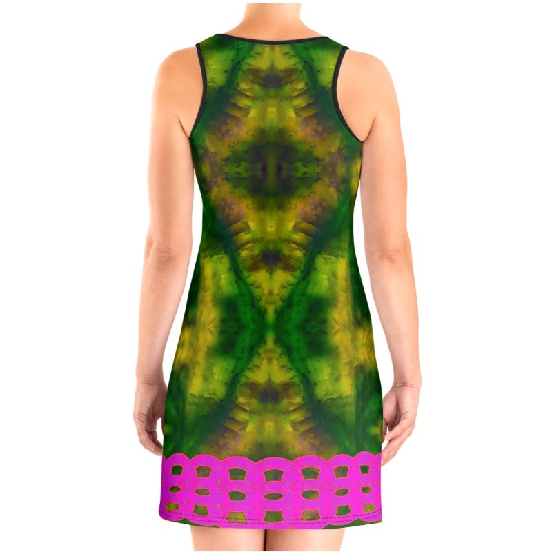 River Jade Smithy by River Jade Smith Travis Huffaker, RJSTH@Fabric #7, stunning, handmade, print on demand, Scuba Dress (vest dress),  Colors of Crystal geometries in deep green jade, swirls of lighter green & darker purple,  compose this custom print on demand fabric.  Created from the colors of actual Jade.  Built by RJSTH from original images.  Active wear, day and night, a hint of magic. Images of Pink double chains line the bottom of the dress.   Chain Collection on RJSTH@Fabric#7, back