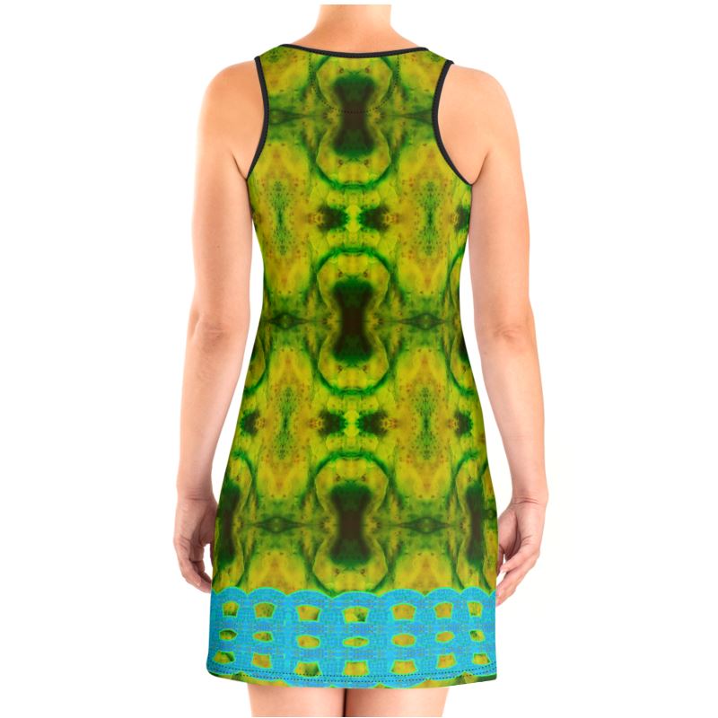 River Jade Smithy by River Jade Smith Travis Huffaker, RJSTH@Fabric #10 , stunning, handmade, print on demand, scuba dress (vest dress), geometric  waves of green jade, swirls of lighter green, mottled with red and yellow jade spots,  compose this custom print on demand fabric.  Created from the colors of actual Jade.  Built by RJSTH from original images.  Active wear, day or evening elegance, a hint of magic. A  Blue double chain on the bottom edge, Chain Collection on RJSTH@Fabric#10, back