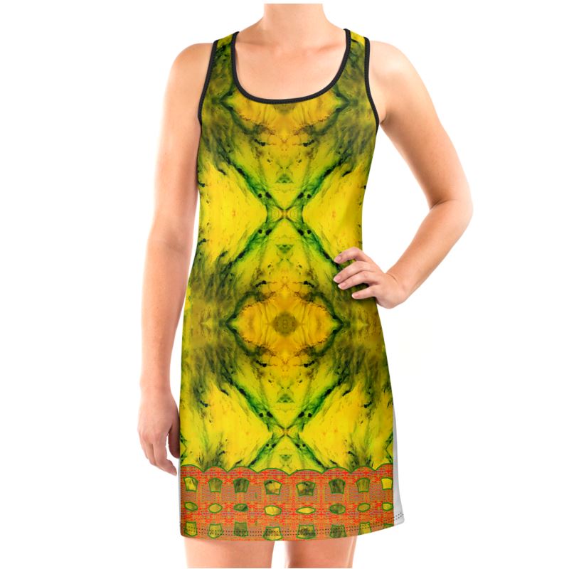 River Jade Smithy, by River Jade Smith Travis Huffaker, RJSTH@Fabric #1 ,  stunning, handmade, print on demand, scuba dress (vest dress)  bright yellow jade, swirls of green stone,  compose this custom print on demand fabric.   Created from the colors of actual Jade.   Built by RJSTH from original images.   Active wear, day or night wear, a hint of magic.    Decorated with orange double chain stripe at the bottom edge  Collection on RJSTH@Fabric#1, front