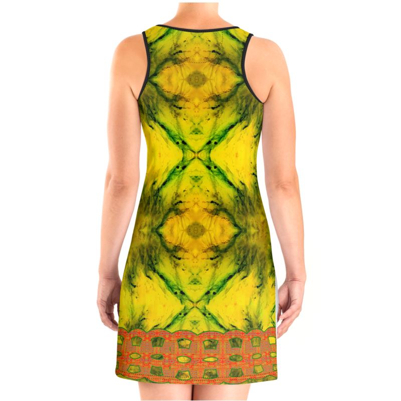 River Jade Smithy, by River Jade Smith Travis Huffaker, RJSTH@Fabric #1 ,  stunning, handmade, print on demand, scuba dress (vest dress)  bright yellow jade, swirls of green stone,  compose this custom print on demand fabric.   Created from the colors of actual Jade.   Built by RJSTH from original images.   Active wear, day or night wear, a hint of magic.    Decorated with orange double chain stripe at the bottom edge  Collection on RJSTH@Fabric#1, back