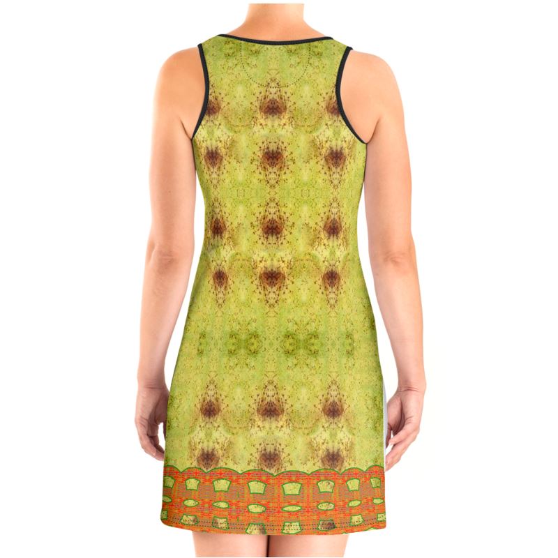 River Jade Smithy, by River Jade Smith Travis Huffaker, RJSTH@Fabric #2 ,  stunning, handmade, print on demand, scuba dress (vest dress),  green, moss like, swirls of green with brown spots,  compose this custom print on demand fabric.   Created from the colors of Raku sculpture.   Built by RJSTH from original images.   Active wear, day or night,  a hint of magic.  An Image of Double blue chain strand adorns the bottom the dress  Chain Collection on RJSTH@Fabric #1, back