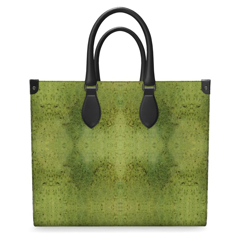Hand Crafted, River Jade Smithy, Travis Huffaker, RJSTH, England, Apparel & Accessories > Handbags, Wallets & Cases > Handbags, Shoppers Bag, RJSTH@FABRIC#2, Nappa Leather,  Large - 15.7" x 13.4" x 7.1" / Weight: 2.4 lbs, Small - 13.8" x 11.0" x 6.1" / Weight: 2.0 lbs, Black Handle, raku, moss, green, vertical, orange, stripe through woven Copper on both ends, other front