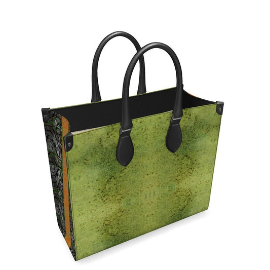 Hand Crafted, River Jade Smithy, Travis Huffaker, RJSTH, England, Apparel & Accessories > Handbags, Wallets & Cases > Handbags, Shoppers Bag, RJSTH@FABRIC#2, Nappa Leather,  Large - 15.7" x 13.4" x 7.1" / Weight: 2.4 lbs, Small - 13.8" x 11.0" x 6.1" / Weight: 2.0 lbs, Black Handle, raku, moss, green, vertical, orange, stripe through woven Copper on both ends, front side detail