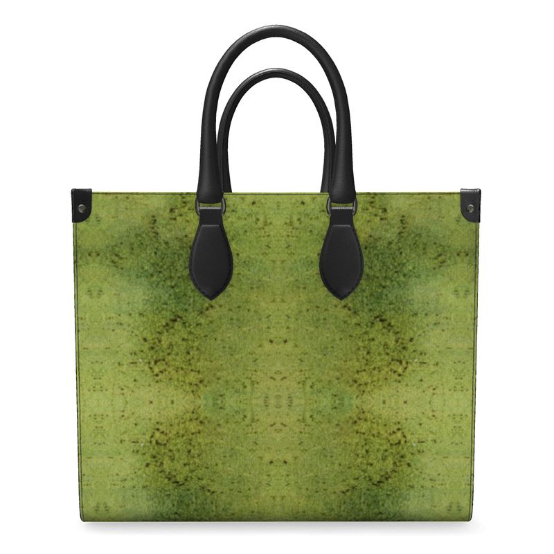 Hand Crafted, River Jade Smithy, Travis Huffaker, RJSTH, England, Apparel & Accessories > Handbags, Wallets & Cases > Handbags, Shoppers Bag, RJSTH@FABRIC#2, Nappa Leather,  Large - 15.7" x 13.4" x 7.1" / Weight: 2.4 lbs, Small - 13.8" x 11.0" x 6.1" / Weight: 2.0 lbs, Black Handle, raku, moss, green, vertical, orange, stripe through woven Copper on both ends, front