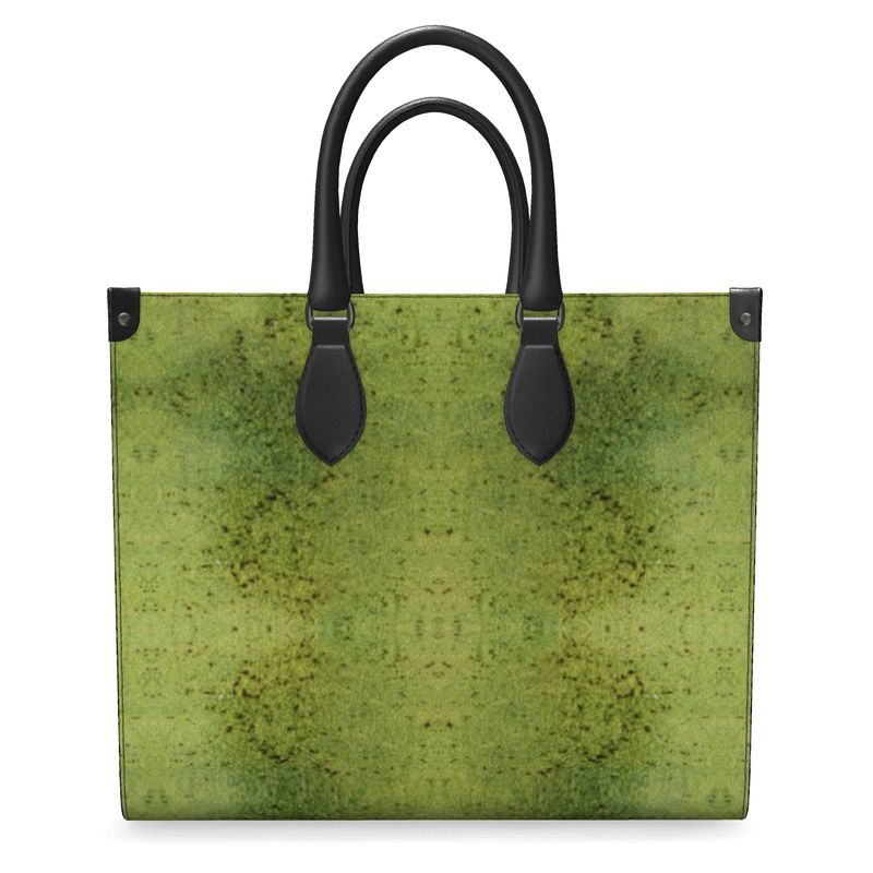 Hand Crafted, River Jade Smithy, Travis Huffaker, RJSTH, England, Apparel & Accessories > Handbags, Wallets & Cases > Handbags, Shoppers Bag, RJSTH@FABRIC#2, Nappa Leather,  Large - 15.7" x 13.4" x 7.1" / Weight: 2.4 lbs, Small - 13.8" x 11.0" x 6.1" / Weight: 2.0 lbs, Black Handle, raku, moss, green, vertical, orange, stripe through woven Copper on both ends, other front
