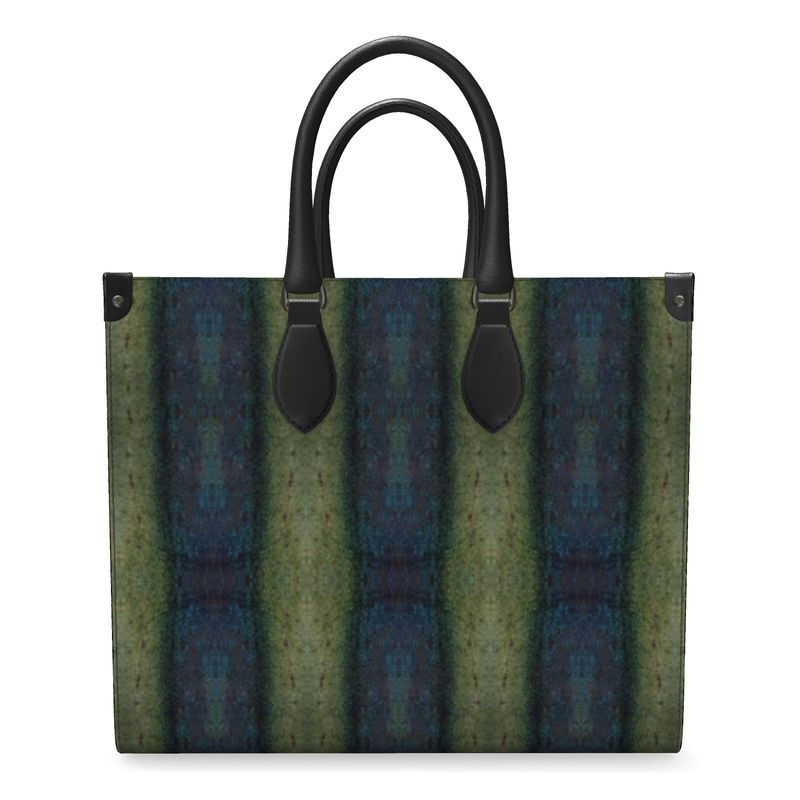 Hand Crafted, River Jade Smithy, Travis Huffaker, RJSTH, England, Apparel & Accessories > Handbags, Wallets & Cases > Handbags, Shoppers Bag, RJSTH@FABRIC#4, Nappa Leather,  Large - 15.7" x 13.4" x 7.1" / Weight: 2.4 lbs, Small - 13.8" x 11.0" x 6.1" / Weight: 2.0 lbs, Black Handle, raku, green, blue, glass, crackle, & orange, woven Copper stripes on the ends, front