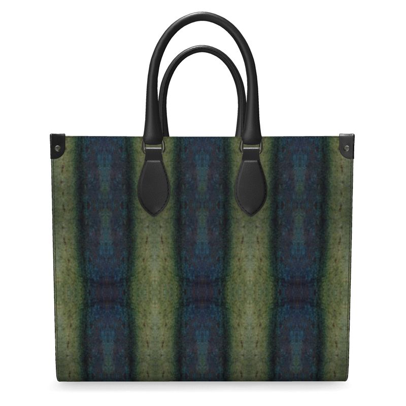 Hand Crafted, River Jade Smithy, Travis Huffaker, RJSTH, England, Apparel & Accessories > Handbags, Wallets & Cases > Handbags, Shoppers Bag, RJSTH@FABRIC#4, Nappa Leather,  Large - 15.7" x 13.4" x 7.1" / Weight: 2.4 lbs, Small - 13.8" x 11.0" x 6.1" / Weight: 2.0 lbs, Black Handle, raku, green, blue, glass, crackle, & orange, woven Copper stripes on the ends, other front