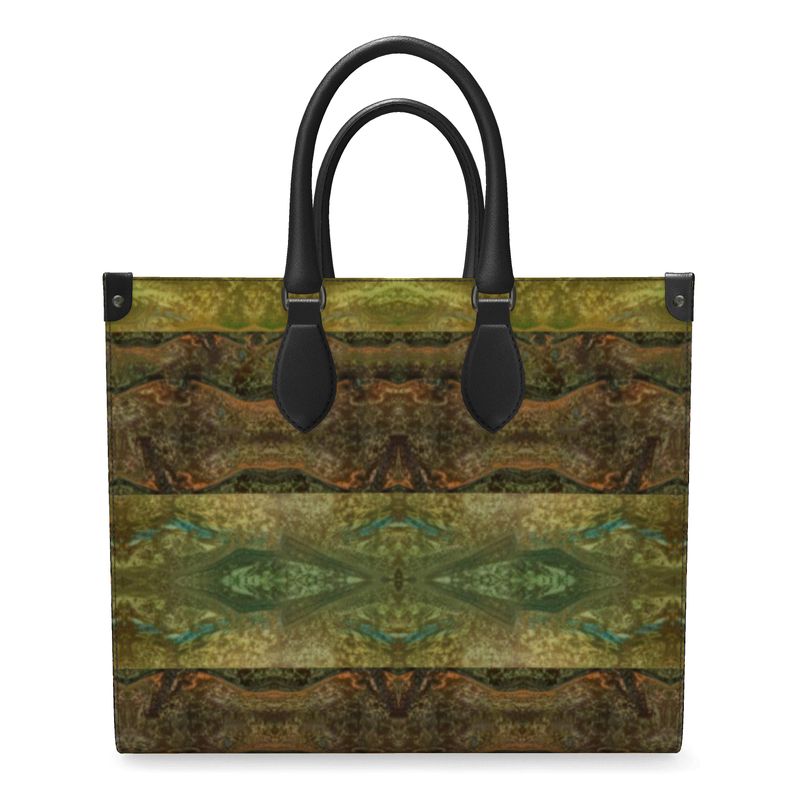 Hand Crafted, River Jade Smithy, Travis Huffaker, RJSTH, England, Apparel & Accessories > Handbags, Wallets & Cases > Handbags, Shoppers Bag, RJSTH@FABRIC#6, Nappa Leather,  Large - 15.7" x 13.4" x 7.1" / Weight: 2.4 lbs, Small - 13.8" x 11.0" x 6.1" / Weight: 2.0 lbs, Black Handle, raku, glass, Bronze, gold, blue, crackle, & purple, stripe, through, woven, Copper on both side ends, front