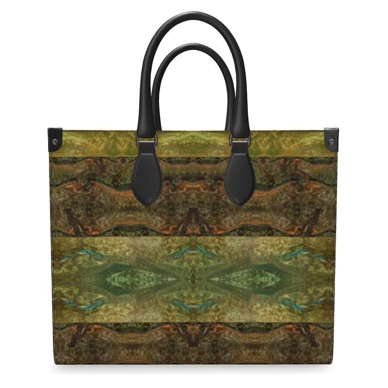 Hand Crafted, River Jade Smithy, Travis Huffaker, RJSTH, England, Apparel & Accessories > Handbags, Wallets & Cases > Handbags, Shoppers Bag, RJSTH@FABRIC#6, Nappa Leather,  Large - 15.7" x 13.4" x 7.1" / Weight: 2.4 lbs, Small - 13.8" x 11.0" x 6.1" / Weight: 2.0 lbs, Black Handle, raku, glass, Bronze, gold, blue, crackle, & purple, stripe, through, woven, Copper on both side ends, other front