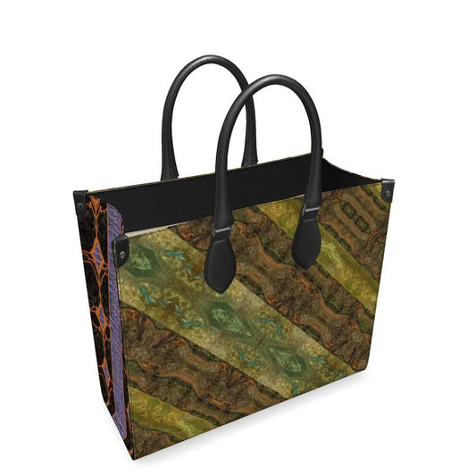 Hand Crafted, River Jade Smithy, Travis Huffaker, RJSTH, England, Apparel & Accessories > Handbags, Wallets & Cases > Handbags, Shoppers Bag, RJSTH@FABRIC#6, Nappa Leather,  Large - 15.7" x 13.4" x 7.1" / Weight: 2.4 lbs, Small - 13.8" x 11.0" x 6.1" / Weight: 2.0 lbs, Black Handle, raku, glass, Bronze, gold, blue, crackle, & purple, stripe, through, woven, Copper on both side ends, front side detail