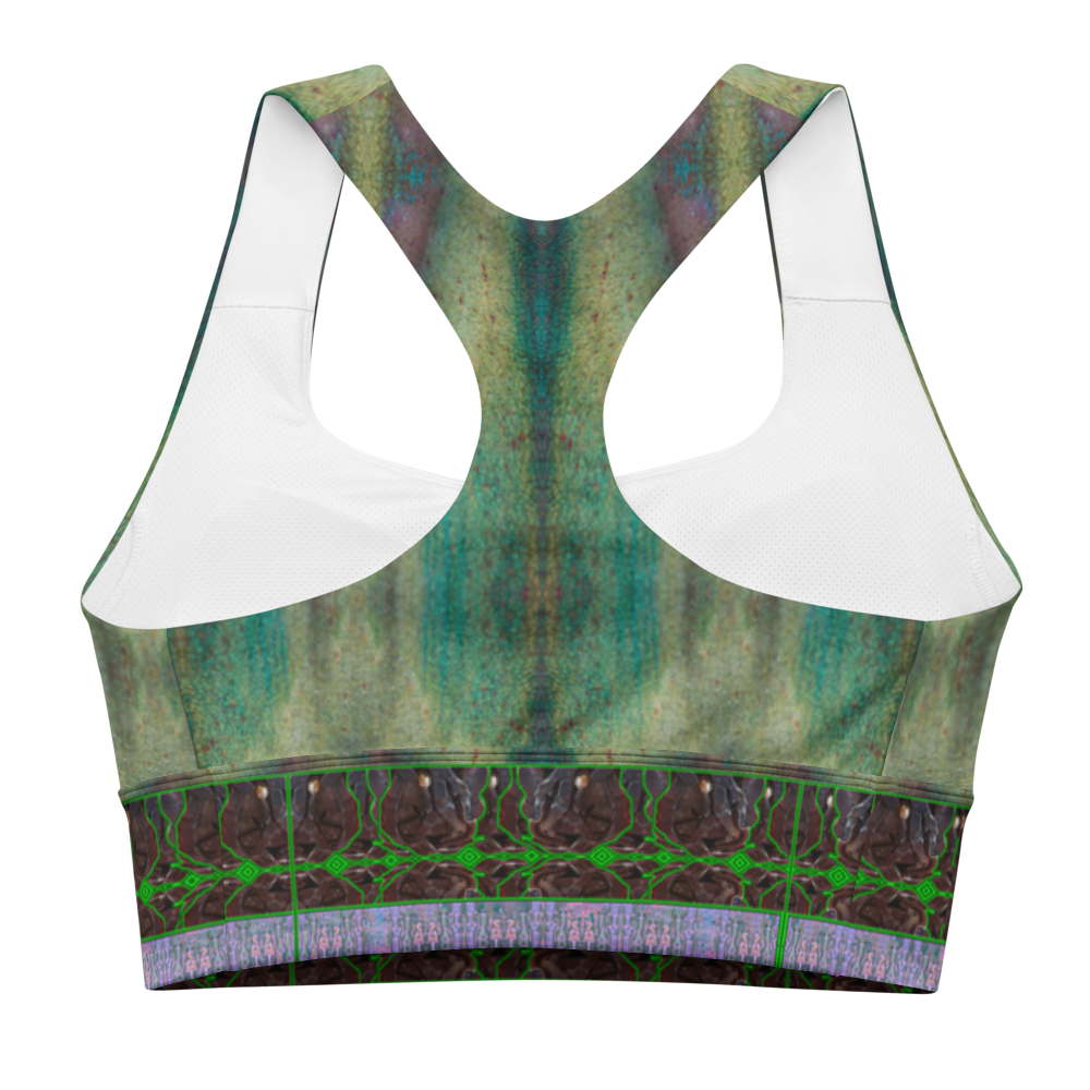 River Jade Smithy, by Travis Huffaker, RJSTH@Fabric #4 , stunning, handmade, print on demand, longline sports bra, deep blue, green glass, purples,  kiln smoke grays,  compose this custom fabric.   Colors of Raku sculpture. Built by RJSTH from original art. Purple stripe at the bottom of the bra, Tree Link, band above the  stripe and below the cleavage.  composed of woven layers of copper and silver smithed flattened braid., Sports wear, lingerie, active wear, a hint of magic. back