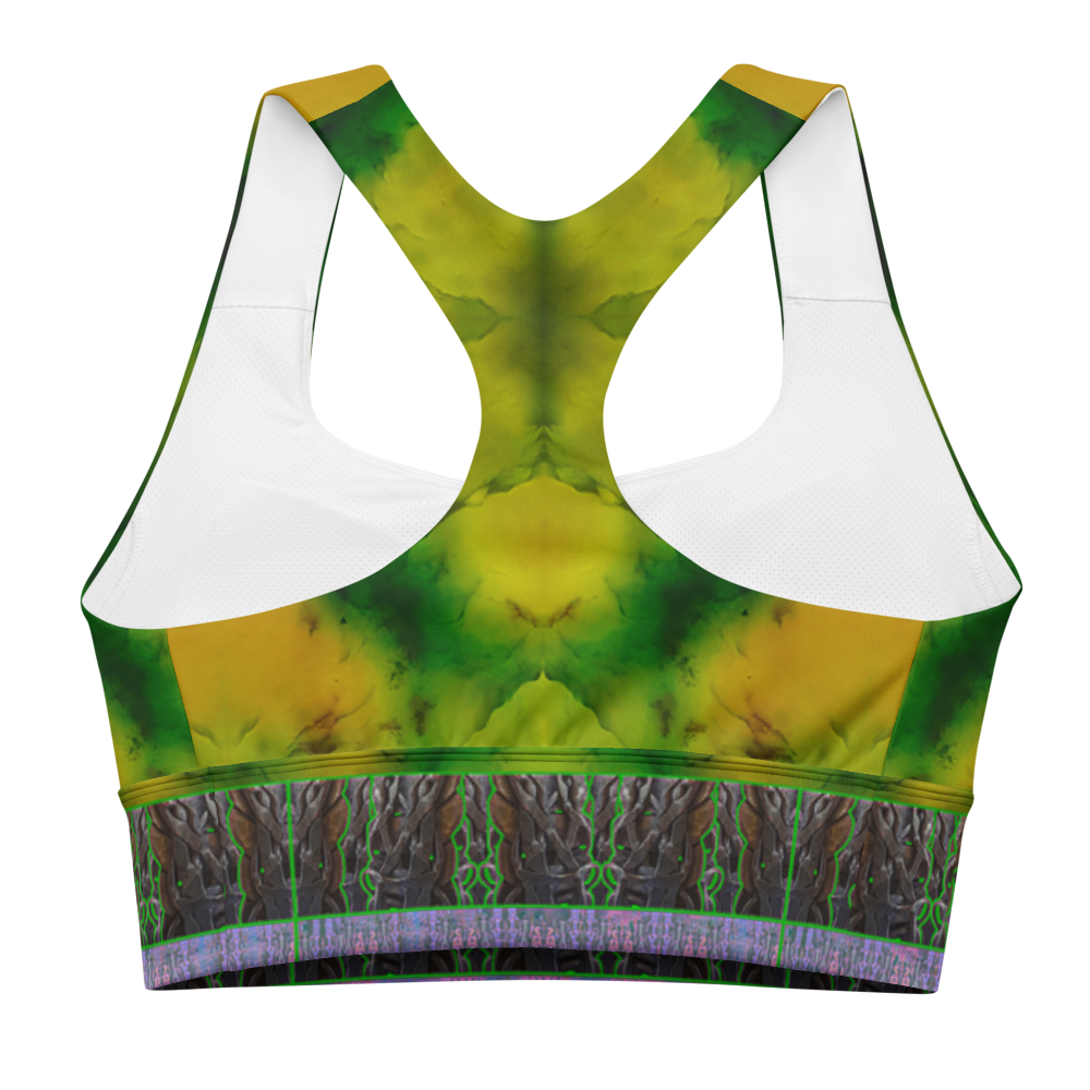 River Jade Smithy, by Travis Huffaker, RJSTH@Fabric#5 , stunning, handmade, print on demand, longline sports bra, bright green jade, swirls of lighter & darker green  compose this custom print on demand fabric.   Colors of actual Jade, purple stripe at the bottom of the bra, Tree Link, band above the  stripe, composed of woven layers of copper and silver smithed flattened braid., jeweled jade patterns above, from original art. Sports wear, lingerie, active wear, a hint of magic., back