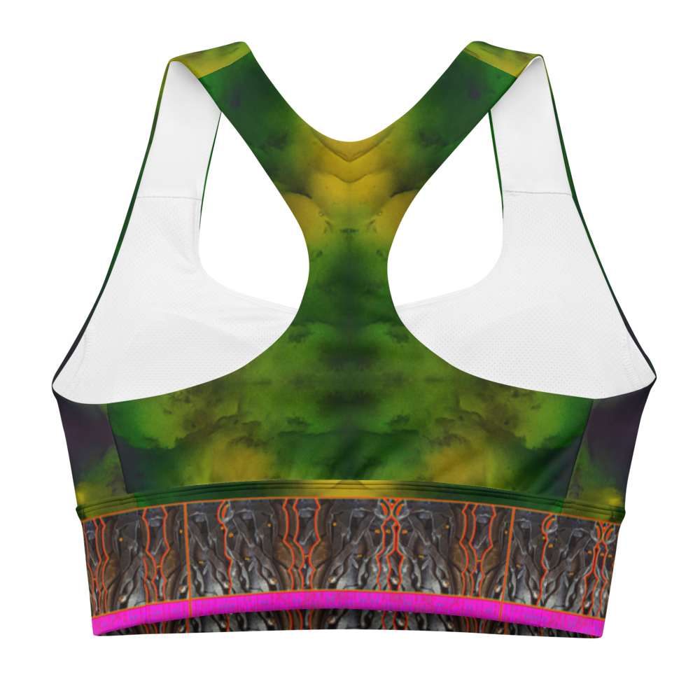 River Jade Smithy, by Travis Huffaker, RJSTH@Fabric#7, stunning, handmade, print on demand, longline sports bra, deep green jade, swirls of lighter lighter & darker purple  compose this custom print on demand fabric.   Colors of actual Jade, w/ pink stripe at the bottom of the bra, Tree Link, band above the  stripe, composed of woven layers of copper and silver smithed flattened braid., jeweled jade patterns above, from original art. Sports wear, lingerie, active wear, a hint of magic., back