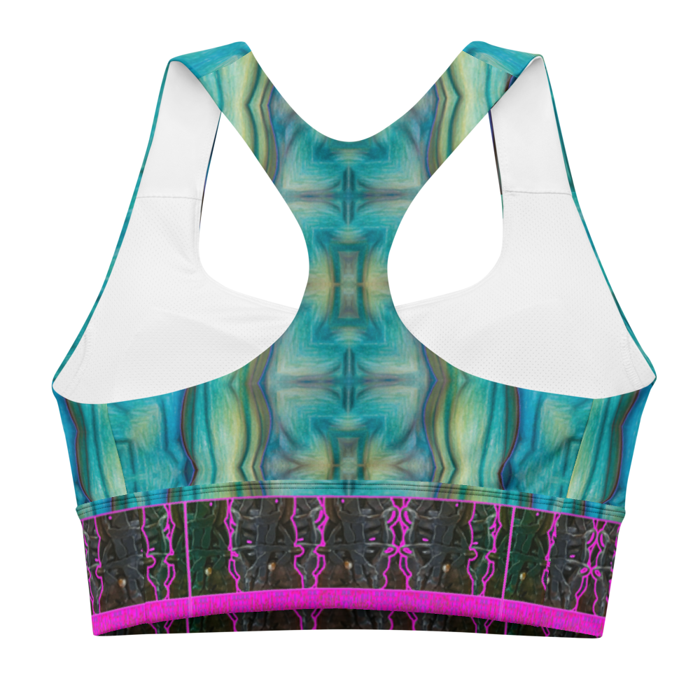 River Jade Smithy by Travis Huffaker, RJSTH@Fabric #9 stunning, handmade, print on demand, longline sports bra, abstract geometries of crackle glass blues, kiln smoke grays, mottled deep greens compose this custom fabric.   Colors of Raku sculpture. Built by RJSTH from original art. Pink stripe at the bottom of the bra, Tree Link, band above the  stripe and below the cleavage.  Composed of woven layers of copper and silver smithed flattened braid. Sports wear, lingerie, active wear, a hint of magic, back