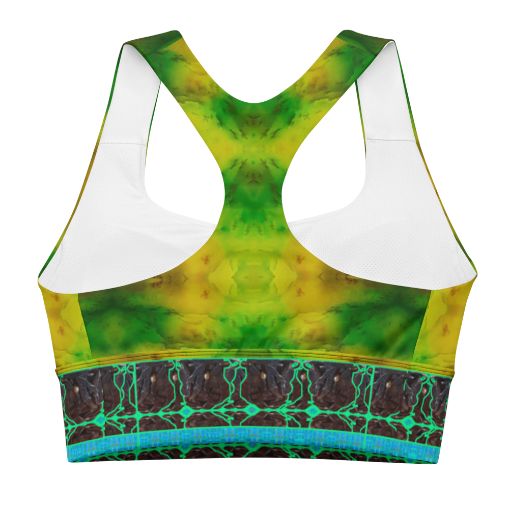 River Jade Smith by Travis Huffaker, RJSTH@Fabric#10, stunning, handmade, print on demand, longline sports bra, geometries of green jade, lighter green, mottled with red and yellow jade spots, compose this custom print on demand fabric.   Colors of actual Jade, blue stripe at the bottom of the bra, Tree Link, band above the  stripe, composed of woven layers of copper and silver smithed flattened braid., jeweled jade patterns above, from original art. Sports wear, lingerie, active wear, a hint of magic.