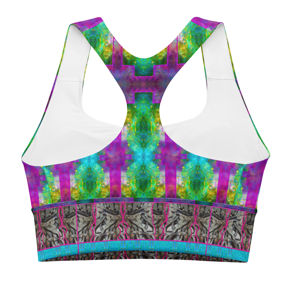 River Jade Smithy by Travis Huffaker, RJSTH@Fabric 11 stunning, handmade, print on demand, longline sports bra, Electric blues and purples in abstract geometries compose this custom fabric.  Colors of Raku sculpture. Built by RJSTH from original art. Blue stripe at the bottom of the bra, Tree Link, band above the  stripe and below the cleavage.  Composed of woven layers of copper and silver smithed flattened braid. Sports wear, lingerie, active wear, a hint of magic, back